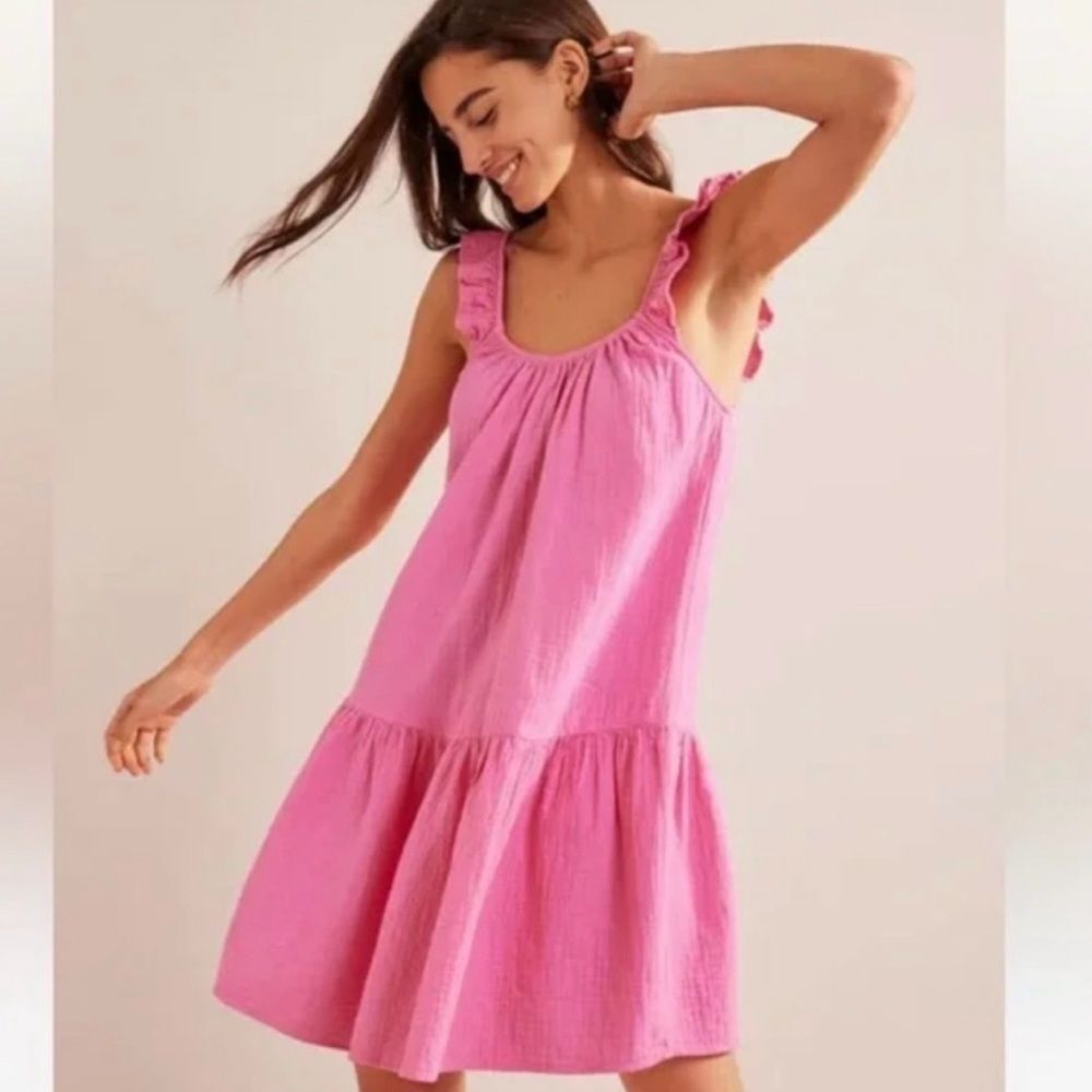 Boden Festival Pink Strappy Cheesecloth Gauze Dress Womens Size 4L Cotton Ruffle